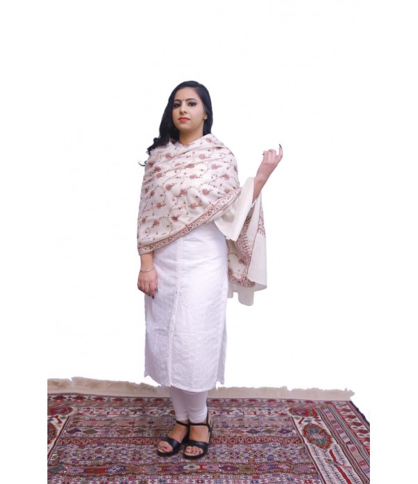 Beige pashmina with spiral flower embroidery.