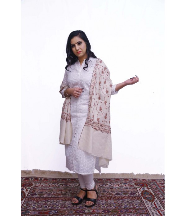 Beige pashmina with spiral flower embroidery.