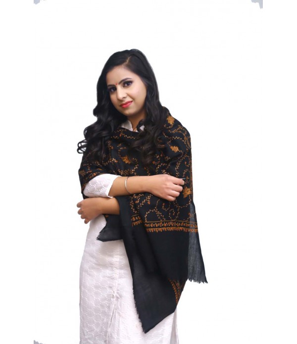 Black pashmina with orange thread embroidery.