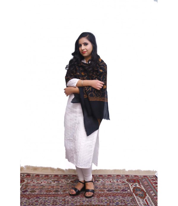 Black pashmina with orange thread embroidery.