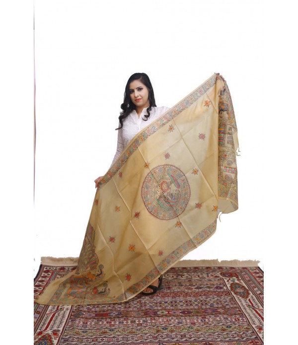 Authentic pure silk scarf yellow with handmade drawing.